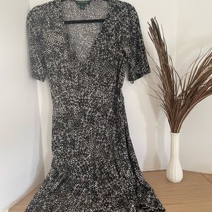 Lauren Ralph Loren Wrap Dress Black & White Stretch V-Neck Short Sleeves
